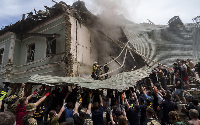 Emergency services work at the site of Okhmatdyt children’s hospital hit by Russian missiles, in Kyiv, Ukraine, July 8, 2024 (AP Photo/Evgeniy Maloletka) Emergency services work at the site of Okhmatdyt children’s hospital hit by Russian missiles, in Kyiv, Ukraine, July 8, 2024 (AP Photo/Evgeniy Maloletka)