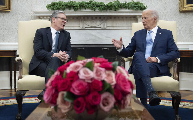 Britain's Prime Minister Keir Starmer, left, meets with US President Joe Biden at the White House in Washington, D.C, during his visit to the United States to attend the NATO 75th anniversary summit, Wednesday, July 10, 2024. (Stefan Rousseau/Pool Photo via AP) Britain's Prime Minister Keir Starmer, left, meets with US President Joe Biden at the White House in Washington, D.C, during his visit to the United States to attend the NATO 75th anniversary summit, Wednesday, July 10, 2024. (Stefan Rousseau/Pool Photo via AP)