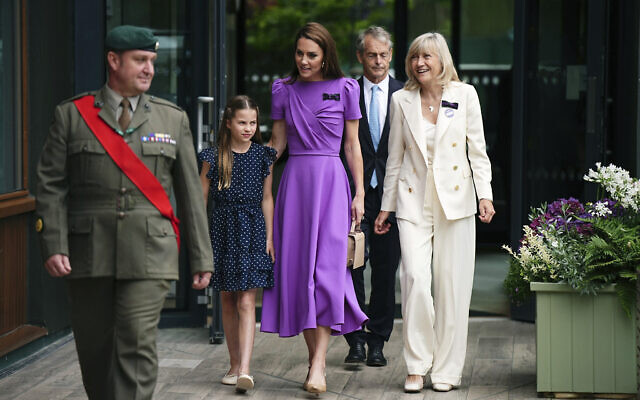 Britain's Kate Middleton, the Princess of Wales and Princess Charlotte arrive to attend the men's singles final match at the Wimbledon tennis championships in London, July 14, 2024. (Aaron Chown/Pool Photo via AP)