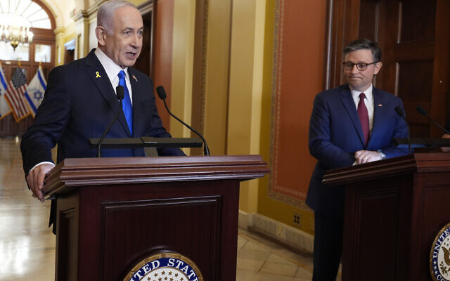 Prime Minister Benjamin Netanyahu is welcomed by Speaker of the House Mike Johnson, R-La., to the Capitol in Washington, Wednesday, July 24, 2024. (AP/J. Scott Applewhite) Prime Minister Benjamin Netanyahu is welcomed by Speaker of the House Mike Johnson, R-La., to the Capitol in Washington, Wednesday, July 24, 2024. (AP/J. Scott Applewhite)