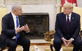 US President Donald Trump, right, meets with Prime Minister Benjamin Netanyahu in the Oval Office of the White House in Washington, September 15, 2020. (AP Photo/Alex Brandon, File)