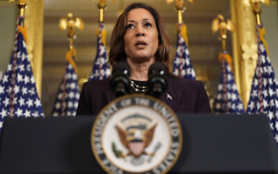 US Vice President Kamala Harris speaks following a meeting with Prime Minister Benjamin Netanyahu at the Eisenhower Executive Office Building on the White House complex in Washington, Thursday, July 25, 2024. (AP Photo/Julia Nikhinson)