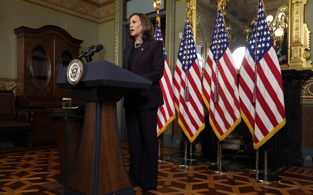 Vice President Kamala Harris speaks following a meeting with Israeli Prime Minister Benjamin Netanyahu at the Eisenhower Executive Office Building on the White House complex in Washington, Thursday, July 25, 2024. (AP/Julia Nikhinson)