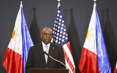 US Defense Secretary Lloyd Austin speaks during a joint news conference with Secretary of State Antony Blinken, Philippine Foreign Secretary Enrique Manalo and National Defense Secretary Gilberto Teodoro after a foreign and defense ministerial meeting at Camp Aguinaldo in Manila, Philippines, July 30, 2024. (AP Photo/Basilio Sepe)