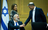 National Security Minister Itamar Ben Gvir and Shas party chair Aryeh Deri attend a meeting on the planned state budget vote, at the Knesset, in Jerusalem, on May 23, 2023. (Yonatan Sindel/Flash90)