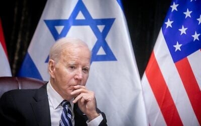 Then-US president Joe Biden meets with Prime Minister Benjamin Netanyahu in Tel Aviv, October 18, 2023. (Miriam Alster/Flash90)