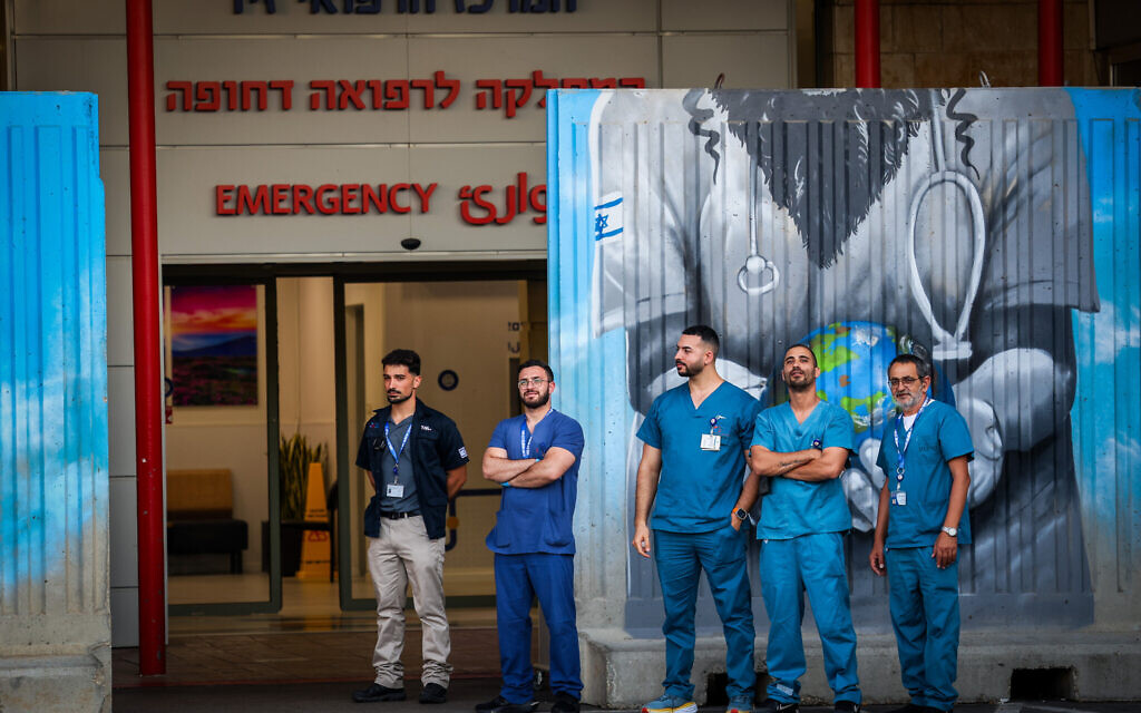 Medical teams waiting for the arrival of injured people from the scene of a drone attack on Druze village of Hurfeish, at Ziv Medical center in Safed, northern Israel, June 5, 2024. (David Cohen/Flash90) Medical teams waiting for the arrival of injured people from the scene of a drone attack on Druze village of Hurfeish, at Ziv Medical center in Safed, northern Israel, June 5, 2024. (David Cohen/Flash90)