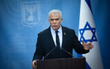 Opposition Leader Yair Lapid at his Yesh Atid party's weekly faction meeting in the Knesset, July 1, 2024. (Yonatan Sindel/ Flash90)