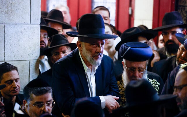 Shas chief Aryeh Deri attends the funeral of his brother, Yehuda Deri, in Jerusalem on July 9, 2024. (Chaim Goldberg/Flash90) Shas chief Aryeh Deri attends the funeral of his brother, Yehuda Deri, in Jerusalem on July 9, 2024. (Chaim Goldberg/Flash90)