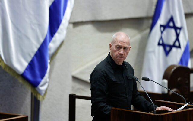 Defense Minister Yoav Gallant speaks during an assembly session in the plenum hall of the Knesset, in Jerusalem, on July 10, 2024. (Chaim Goldberg/Flash90) Defense Minister Yoav Gallant speaks during an assembly session in the plenum hall of the Knesset, in Jerusalem, on July 10, 2024. (Chaim Goldberg/Flash90)