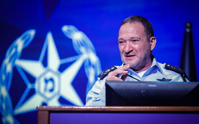 Outgoing Israel Police chief Kobi Shabtai speaks during a farewell ceremony in his honor at the National Police Academy in Beit Shemesh, July 14, 2024. (Chaim Goldberg/Flash90) Outgoing Israel Police chief Kobi Shabtai speaks during a farewell ceremony in his honor at the National Police Academy in Beit Shemesh, July 14, 2024. (Chaim Goldberg/Flash90)