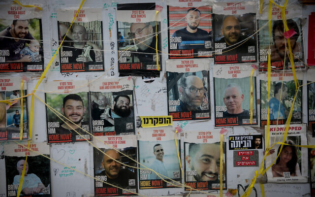 Photographs of Israelis held hostage by Hamas terrorists in Gaza, at Hostage Square in Tel Aviv, July 15, 2024. (Miriam Alster/FLASH90)