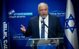 Yisrael Beytenu chairman Avigdor Liberman leads a faction meeting in the Knesset, July 15, 2024. (Yonatan Sindel/Flash90)