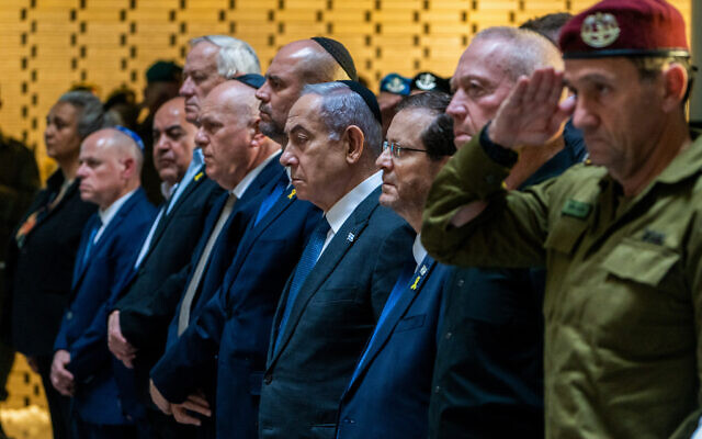 From left -- Prime Minister Benjamin Netanyahu, President Isaac Herzog, Minister of Defense Yoav Galant and IDF Chief of Staff Herzi Halevi attend a state memorial ceremony for Operation Protective Edge at the National Hall For Israel's Fallen in Mount Herzl, Jerusalem, July 16, 2024. (Shalev Shalom/POOL) From left -- Prime Minister Benjamin Netanyahu, President Isaac Herzog, Minister of Defense Yoav Galant and IDF Chief of Staff Herzi Halevi attend a state memorial ceremony for Operation Protective Edge at the National Hall For Israel's Fallen in Mount Herzl, Jerusalem, July 16, 2024. (Shalev Shalom/POOL)