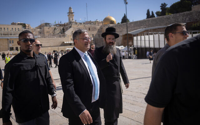 National Security Minister Itamar Ben Gvir seen at the Western Wall in Jerusalem's Old City, after his visit at the Temple Mount, July 18, 2024. (Chaim Goldberg/Flash90)