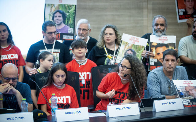 Illustrative: Families of Israelis held hostage in the Gaza Strip attend a joint meeting of the State Control Committee and the Foreign Affairs and Defense Committee at the Knesset, in Jerusalem, on July 29, 2024. (Oren Ben Hakoon/ Flash90)