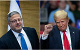 (L) National Security Minister Itamar Ben Gvir at the Knesset on July 24, 2024 (Yonatan Sindel/Flash90) and (R) Republican Presidential nominee former US president Donald Trump at the Van Andel Arena on July 20, 2024 in Grand Rapids, Michigan (BILL PUGLIANO / GETTY IMAGES NORTH AMERICA / Getty Images via AFP)
