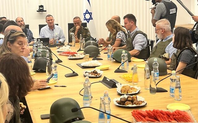 Likud MK Yuli Edelstein (gray shirt facing camera) speaks to European diplomats in Kiryat Shmona, July 11, 2024 (Lazar Berman/The Times of Israel) Likud MK Yuli Edelstein (gray shirt facing camera) speaks to European diplomats in Kiryat Shmona, July 11, 2024 (Lazar Berman/The Times of Israel)