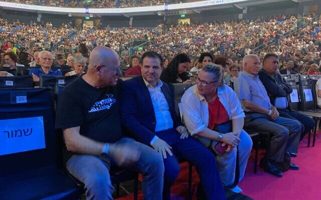 Joint List chairman Ayman Odeh, middle, attends a coexistence conference in Tel Aviv on July 1, 2024. (Charlie Summers/ Times of Israel)