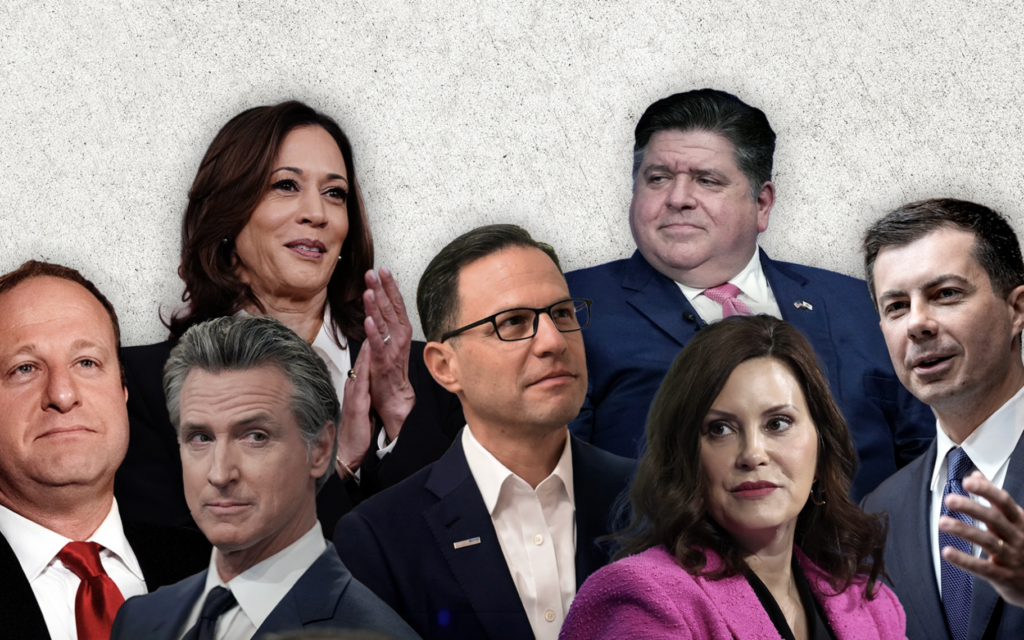 Possible contenders to replace Joe Biden on the US Democratic ticket include, clockwise from top, Vice President Kamala Harris, Illinois Governor J.B. Pritzker, Transportation Secretary Pete Buttigieg, Michigan Governor Gretchen Whitmer, Pennsylvania Governor Josh Shapiro and California Governor Gavin Newsom. Colorado Governor Jared Polis is at far left. (Collage by Grace Yagel/Getty Images via JTA) Possible contenders to replace Joe Biden on the US Democratic ticket include, clockwise from top, Vice President Kamala Harris, Illinois Governor J.B. Pritzker, Transportation Secretary Pete Buttigieg, Michigan Governor Gretchen Whitmer, Pennsylvania Governor Josh Shapiro and California Governor Gavin Newsom. Colorado Governor Jared Polis is at far left. (Collage by Grace Yagel/Getty Images via JTA)