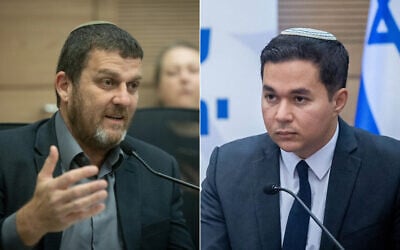 MK Amit Halevi (left) attends a meeting of the Knesset Foreign Affairs and Defense Committee, July 18, 2024. (Chaim Goldberg/ Flash90); Likud MK Dan Illouz attends a meeting of the Jerusalem lobby at the Knesset, May 17, 2023. (Yonatan Sindel/Flash90)