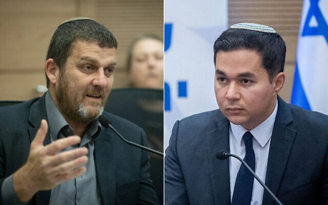 MK Amit Halevi (left) attends a meeting of the Knesset Foreign Affairs and Defense Committee, July 18, 2024. (Chaim Goldberg/ Flash90); Likud MK Dan Illouz attends a meeting of the Jerusalem lobby at the Knesset, May 17, 2023. (Yonatan Sindel/Flash90)