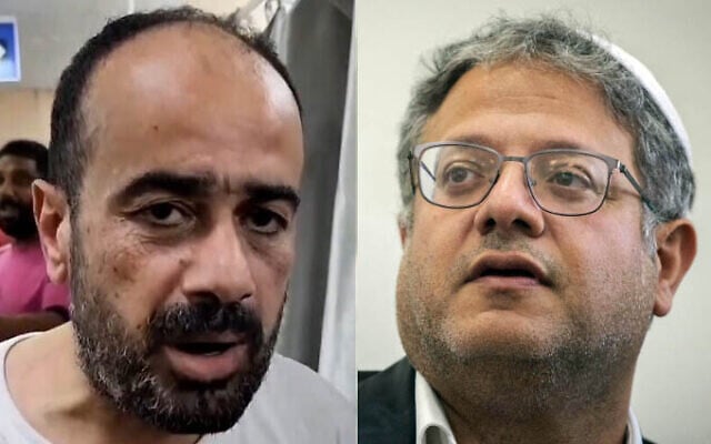 Mohammad Abu Salmiya (left), director of Gaza City's Shifa Hospital, speaks after his release by Israel, July 1, 2024 (Video screenshot); National Security Minister Itamar Ben Gvir (right) at a court hearing in Jerusalem on July 2, 2024. (Chaim Goldberg/Flash90)