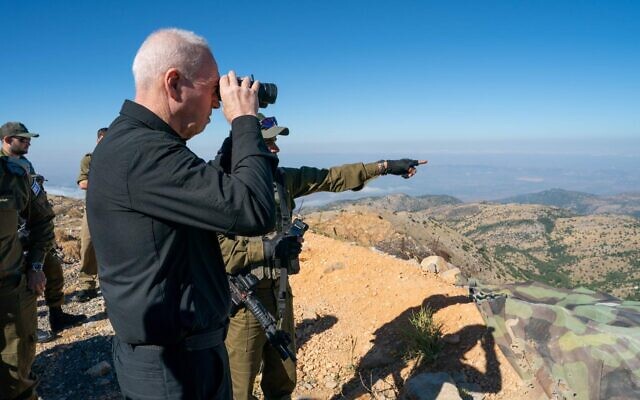 Defense Minister Yoav Gallant tours the Mount Hermon region on the northern border, July 7, 2024. (Ariel Hermoni/ Defense Ministry)