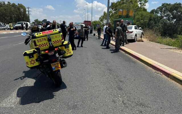 The scene of a suspected terror attack at Nir Tzvi junction in central Israel, July 14, 2024. (Courtesy) The scene of a suspected terror attack at Nir Tzvi junction in central Israel, July 14, 2024. (Courtesy)