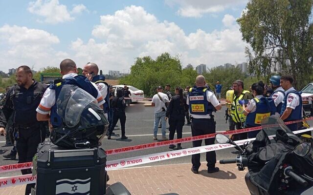 The scene of a terror attack at Nir Tzvi junction in central Israel, July 14, 2024. (Magen David Adom) The scene of a terror attack at Nir Tzvi junction in central Israel, July 14, 2024. (Magen David Adom)