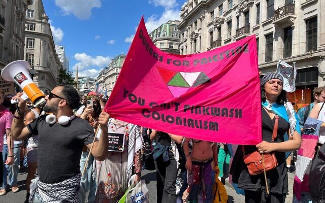 Marchers at a Trans+ Pride Parade in central London on July 27, 2024 (Times of Israel)