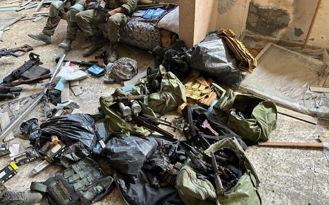 A cache of weapons found by IDF troops at a Hamas site in Gaza City's Shejaiya neighborhood, July 8, 2024. (Israel Defense Forces)