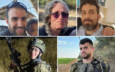 Hostages recovered by the IDF from southern Gaza's Khan Younis on July 25, 2024: top L-R Oren Goldin, Maya Goren, Ravid Katz; bottom: L-R Sgt. Kiril Brodski and Staff Sgt. Tomer Yaakov Ahimas (Courtesy)