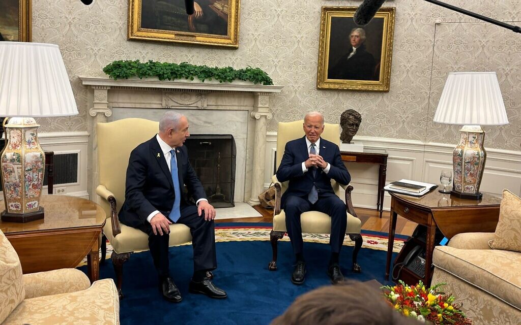 Prime Minister Benjamin Netanyahu and US President Joe Biden meet at the White House, July 25, 2024 (Jacob Magid/Times of Israel)