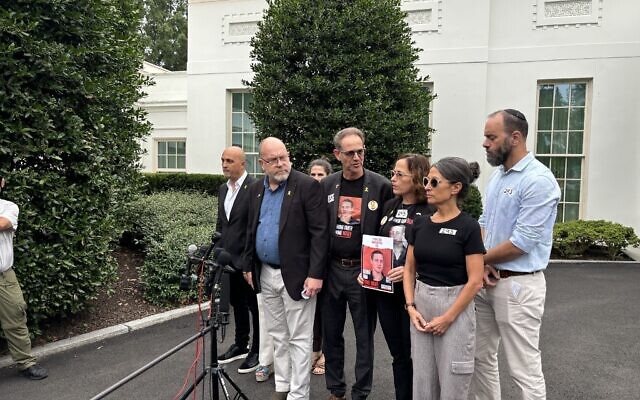 The families of American hostages address the media after leaving the White House on July 25, 2024 (Jacob Magid/Times of Israel)