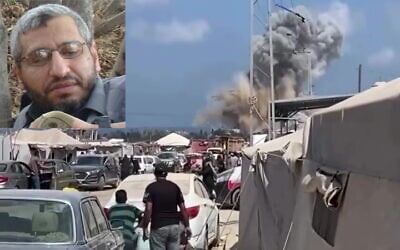 Footage posted to X purporting to show an Israeli airstrike in southern Gaza's Khan Younis, July 13, 2024. (Screenshot, used in accordance with Clause 27a of the Copyright Law); Inset: The head of Hamas's military wing Muhammad Deif in an undated photo revealed in January 2024. (Israel Defense Forces)