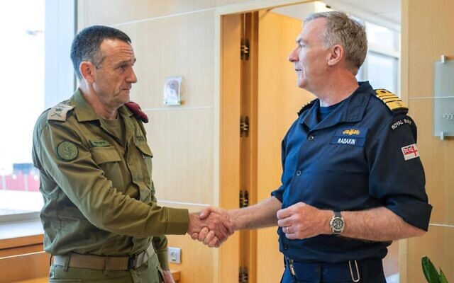 IDF Chief of Staff Lt. Gen. Herzi Halevi meets with his UK counterpart, Chief of the Defense Staff Adm. Sir Antony David Radakin, at the IDF headquarters in Tel Aviv, August 2, 2024. (Israel Defense Forces) IDF Chief of Staff Lt. Gen. Herzi Halevi meets with his UK counterpart, Chief of the Defense Staff Adm. Sir Antony David Radakin, at the IDF headquarters in Tel Aviv, August 2, 2024. (Israel Defense Forces)