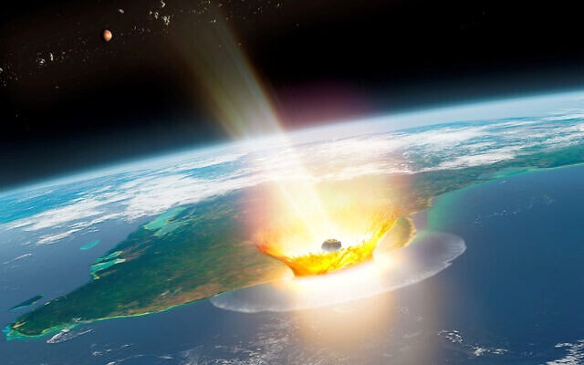 An artist's impression of a large asteroid impacting at Chicxulub on the Mexican coastline, which caused the end-Cretaceous mass extinction, 66 million years ago, with the planet Mars and asteroid bodies in the background, in this image obtained by Reuters on August 14, 2024. (Mark Garlick/Handout via Reuters)