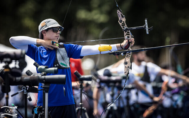 Israeli archer Roy Dror competes in the ranking round of the men's individual competition at the 2024 Paris Olympics on July 25, 2024. (Olympic Committee of Israel) Israeli archer Roy Dror competes in the ranking round of the men's individual competition at the 2024 Paris Olympics on July 25, 2024. (Olympic Committee of Israel)