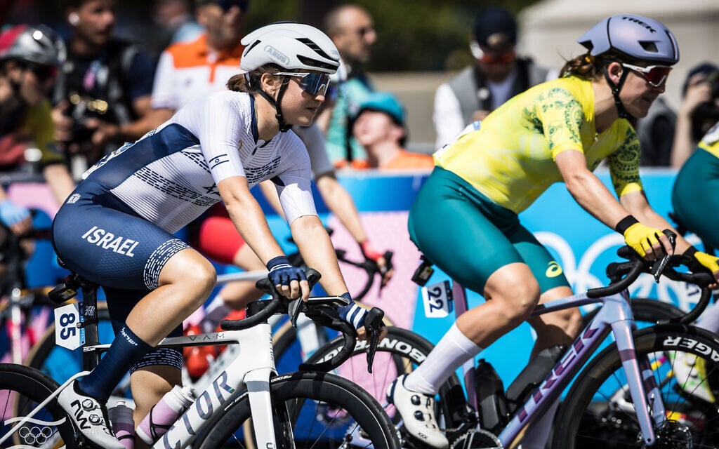 Israeli cyclist Rotem Gafinovitz (left) competes in the women's road race at the 2024 Paris Olympics on August 4, 2024. (Olympic Committee of Israel)