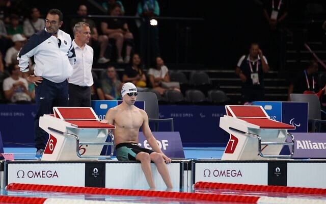 Israeli Paralympian Ami Dadaon in the men's 50m breaststroke at the Paris Games on August 29, 2024. (Keren Isaacson) Israeli Paralympian Ami Dadaon in the men's 50m breaststroke at the Paris Games on August 29, 2024. (Keren Isaacson)