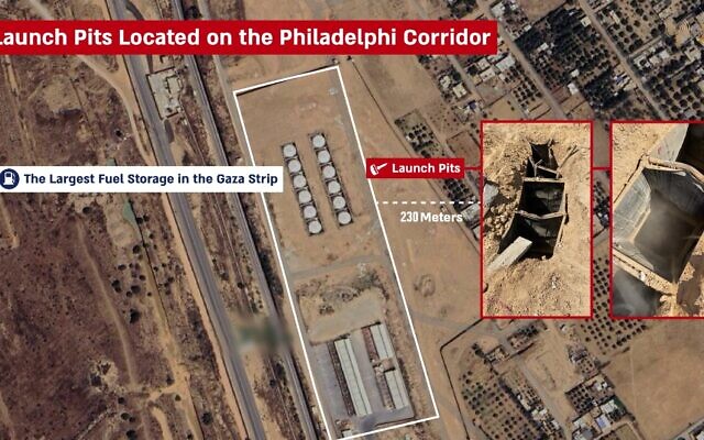 This infographic released by the IDF on August 8, 2024, shows the location of rocket launchers found near a fuel facility in the southern Gaza Strip. (Israel Defense Forces) This infographic released by the IDF on August 8, 2024, shows the location of rocket launchers found near a fuel facility in the southern Gaza Strip. (Israel Defense Forces)