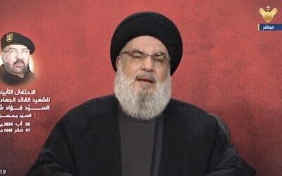 Hezbollah leader Hassan Nasrallah speaks in a remote address on August 6, 2024. (Screen capture; used in accordance with Clause 27a of the Copyright Law)