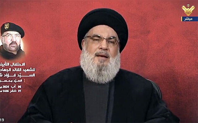 Hezbollah leader Hassan Nasrallah speaks in a remote address on August 6, 2024. (Screen capture; used in accordance with Clause 27a of the Copyright Law)
