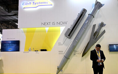 Israeli defense technology company Elbit Systems' booth at the Eurosatory trade fair, in Villepinte, a northern suburb of Paris, June 13, 2022. (Emmanuel Dunand/AFP)