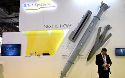 Israeli defense technology company Elbit Systems' booth at the Eurosatory trade fair, in Villepinte, a northern suburb of Paris, June 13, 2022. (Emmanuel Dunand/AFP)