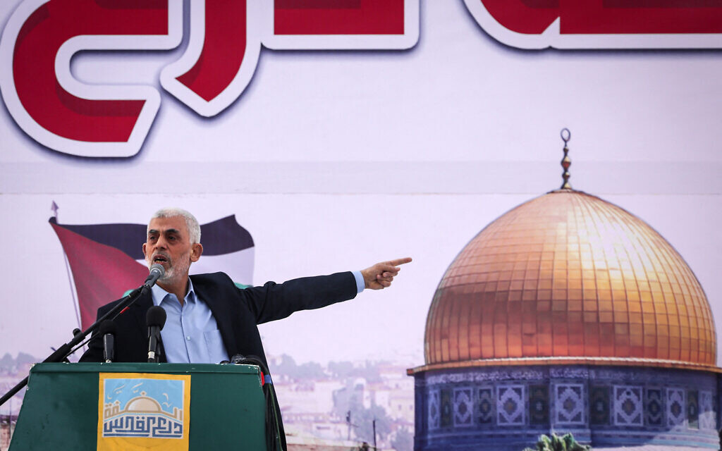 Gaza-based Hamas chief Yahya Sinwar addresses supporters during a rally marking Al-Quds (Jerusalem) Day, in Gaza City, on April 14, 2023. (Mohammed ABED / AFP) Gaza-based Hamas chief Yahya Sinwar addresses supporters during a rally marking Al-Quds (Jerusalem) Day, in Gaza City, on April 14, 2023. (Mohammed ABED / AFP)