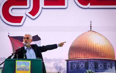 Gaza-based Hamas chief Yahya Sinwar addresses supporters during a rally marking Al-Quds (Jerusalem) Day, in Gaza City, on April 14, 2023. (Mohammed ABED / AFP)