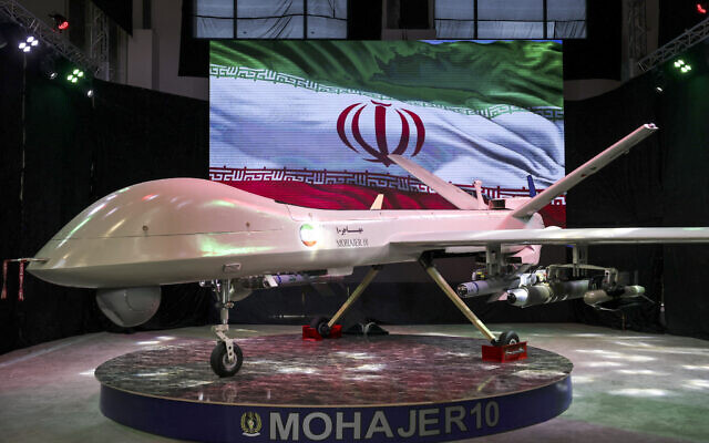 The Iranian drone 'Mohajer 10' is displayed Iran's defense industry achievements exhibition, on August 23, 2023 in Tehran. (Atta Kenare/AFP/File) The Iranian drone 'Mohajer 10' is displayed Iran's defense industry achievements exhibition, on August 23, 2023 in Tehran. (Atta Kenare/AFP/File)