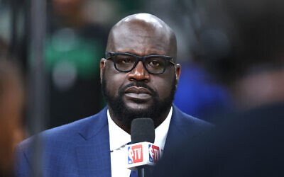 Shaquille O'Neal speaks at the 2024 NBA Finals in Boston, Massachusetts, June 9, 2024. (Adam Glanzman/Getty Images North America /Getty Images via AFP)